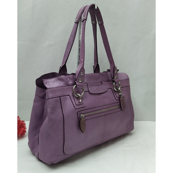 Coach Penelope Purple Pebbled Leather Double Handles Satchel Shoulder Bag - Picture 3 of 16